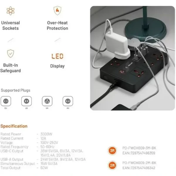 هاب تغذیه چند پورت Porodo مدل PD-FWCH009-2M | با کابل 2متر