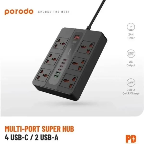 هاب تغذیه چند پورت Porodo مدل PD-FWCH009-2M | با کابل 2متر
